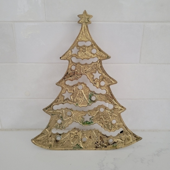 Vintage Other - Vintage Brass Christmas Tree Trivet Gold Star Garland Ornaments